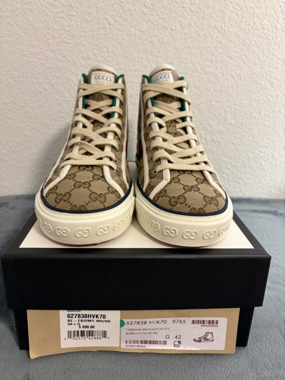 Brand New Women’s Gucci Tennis 1977 High Top Beige Ebony Sneakers Sz 42 (US 12 - Picture 10 of 10